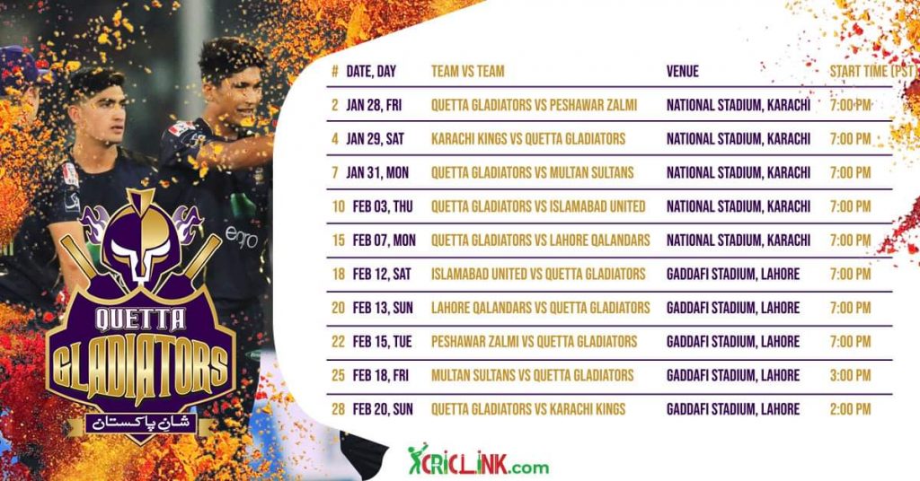 Quetta Gladiators Schedule 2022