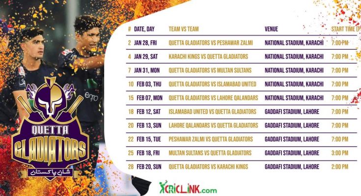 Quetta Gladiators Schedule 2022