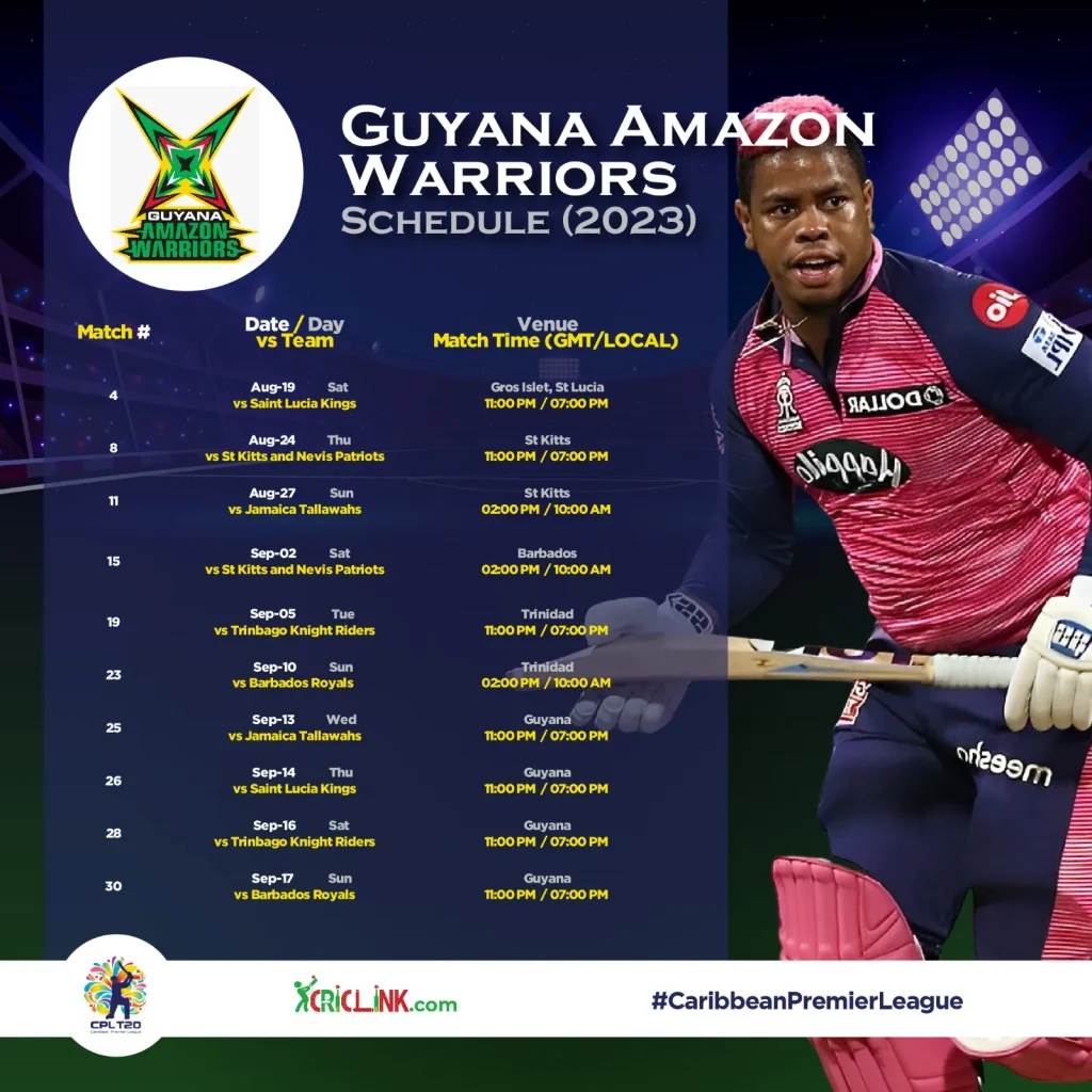 Guyana Amazon Warriors Schedule 2023